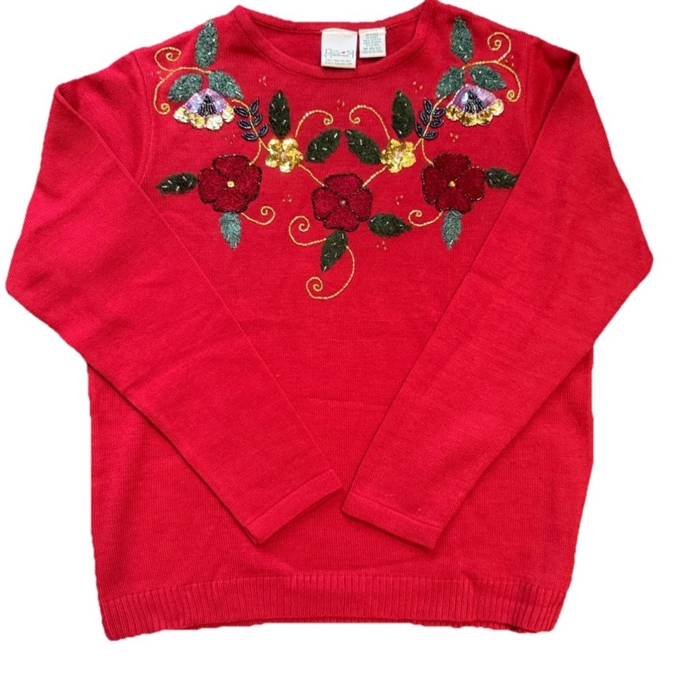 Vintage Haband Beaded Embroidered Floral Red Sweater Christmas Holiday Med